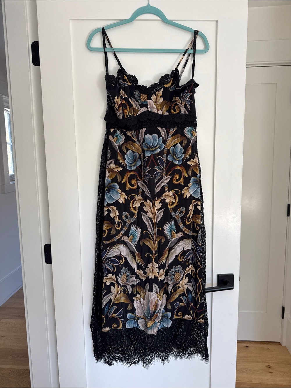 FARM RIO Black Maxi Dress with Blue and Gold Floral Scrolls - Picture 3 of 8